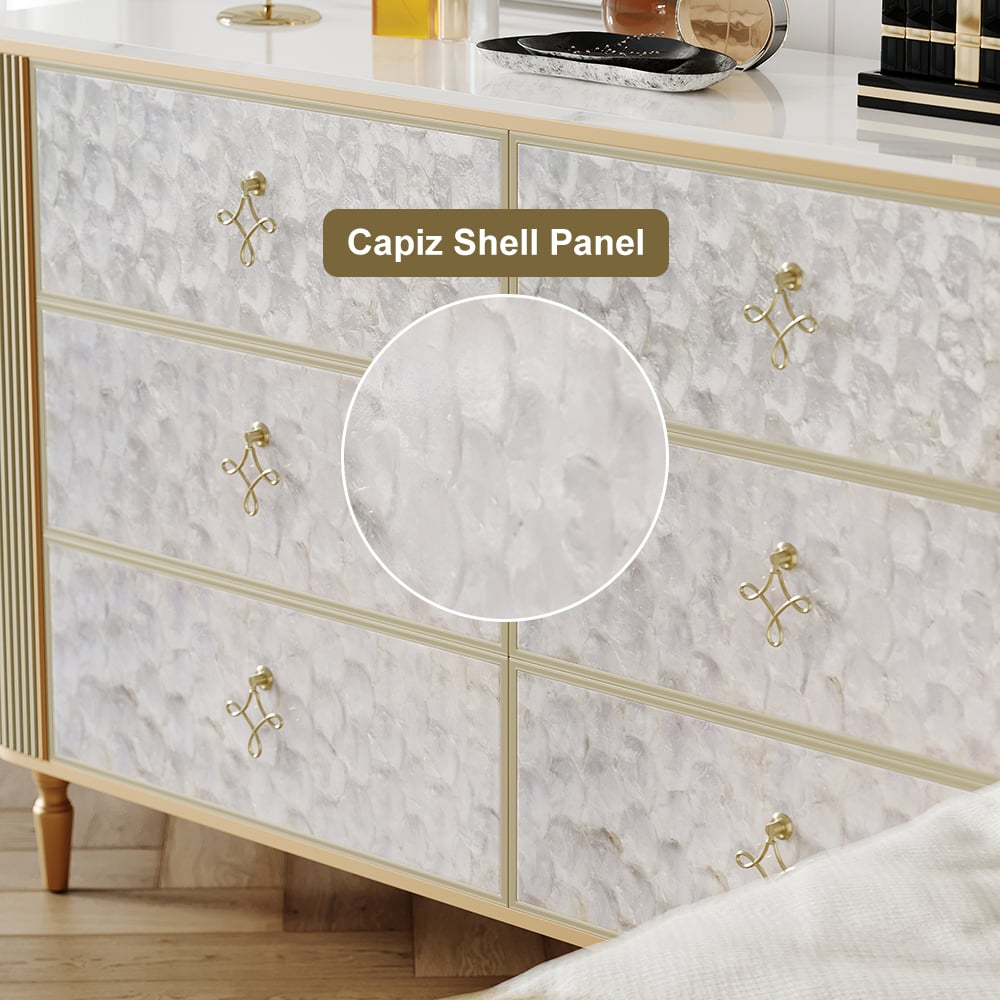 Art Deco 6 Drawer Dresser Capiz Shell Beige Chest Storag Cabinet with Sintered Stone Top - 