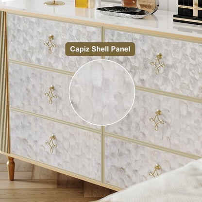 Art Deco 6 Drawer Dresser Capiz Shell Beige Chest Storag Cabinet with Sintered Stone Top - 