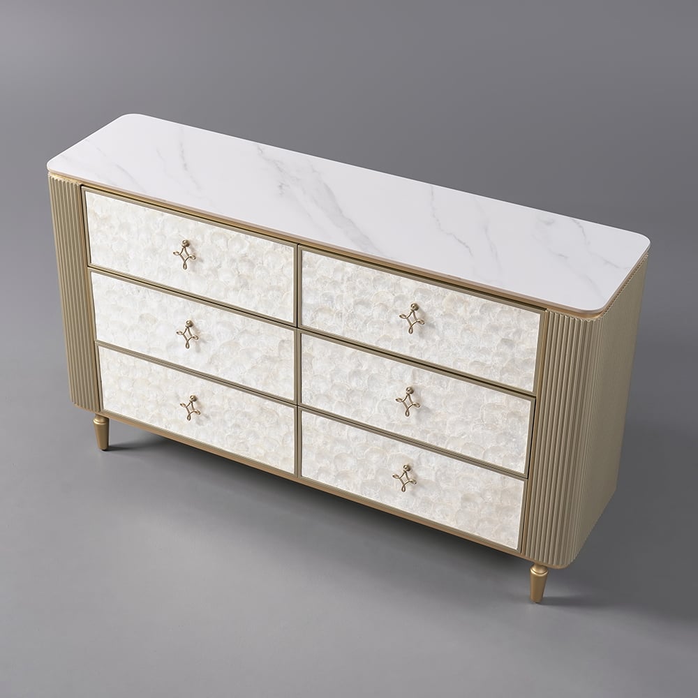 Art Deco 6 Drawer Dresser Capiz Shell Beige Chest Storag Cabinet with Sintered Stone Top - 