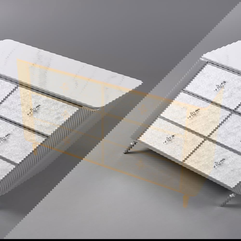 Art Deco 6 Drawer Dresser Capiz Shell Beige Chest Storag Cabinet with Sintered Stone Top - 