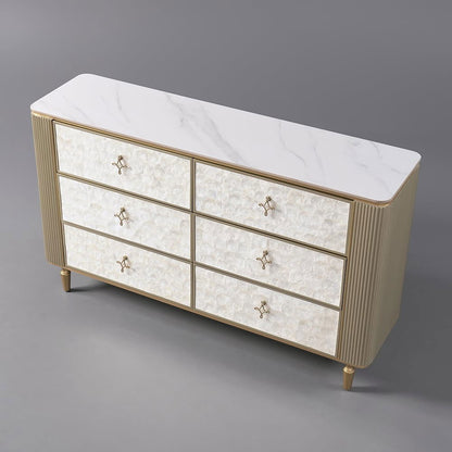 Art Deco 6 Drawer Dresser Capiz Shell Beige Chest Storag Cabinet with Sintered Stone Top - 