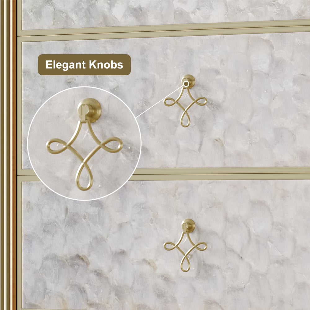 Art Deco 6 Drawer Dresser Capiz Shell Beige Chest Storag Cabinet with Sintered Stone Top - 