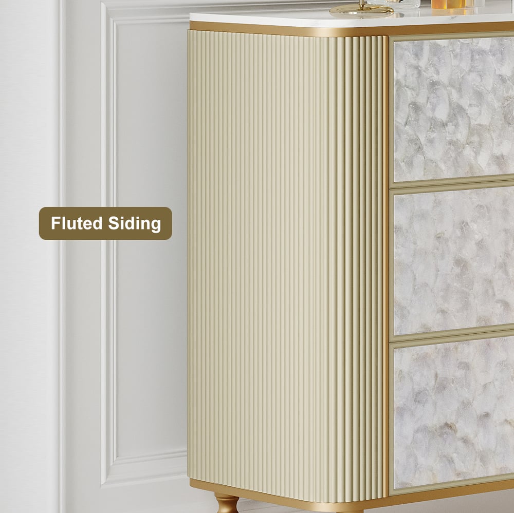 Art Deco 6 Drawer Dresser Capiz Shell Beige Chest Storag Cabinet with Sintered Stone Top - 