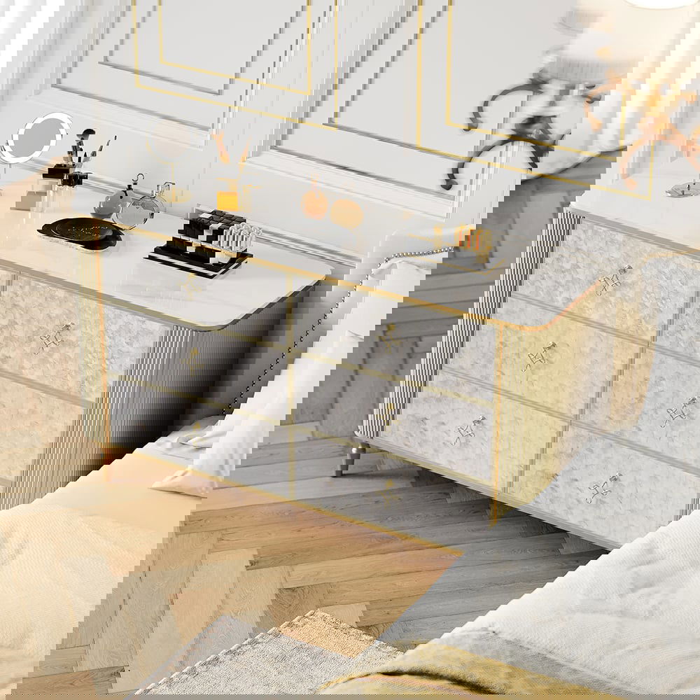 Art Deco 6 Drawer Dresser Capiz Shell Beige Chest Storag Cabinet with Sintered Stone Top - Homary