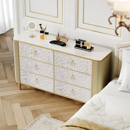 Art Deco 6 Drawer Dresser Capiz Shell Beige Chest Storag Cabinet with Sintered Stone Top - Homary
