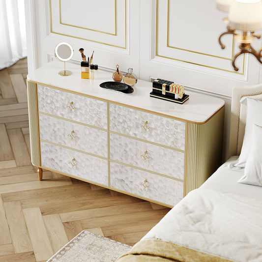 Art Deco 6 Drawer Dresser Capiz Shell Beige Chest Storag Cabinet with Sintered Stone Top - Homary