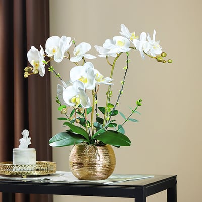 Artificial Flower Realistic White Orchids in Vase Set Gold Brushed Ceramic Flower Pots - 