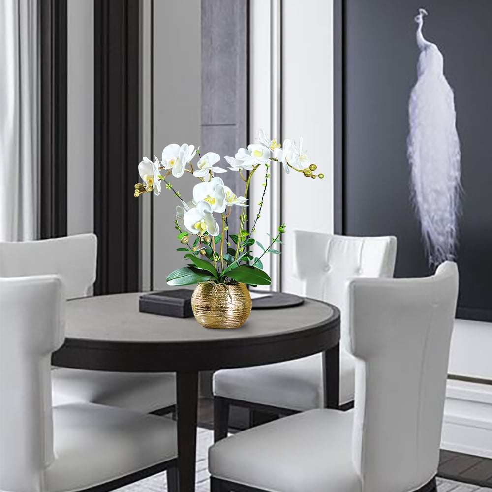 Artificial Flower Realistic White Orchids in Vase Set Gold Brushed Ceramic Flower Pots - 