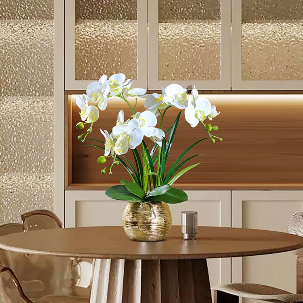 Artificial Flower Realistic White Orchids in Vase Set Gold Brushed Ceramic Flower Pots - 
