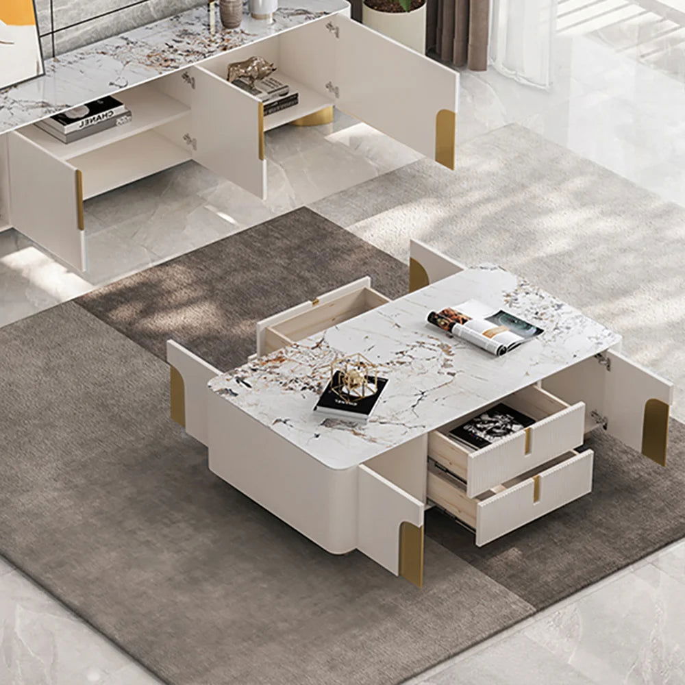 Artus Modern Beige Rectangle Large Coffee Table Drawers Sintered Stone Gold Base - 