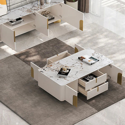 Artus Modern Beige Rectangle Large Coffee Table Drawers Sintered Stone Gold Base - 