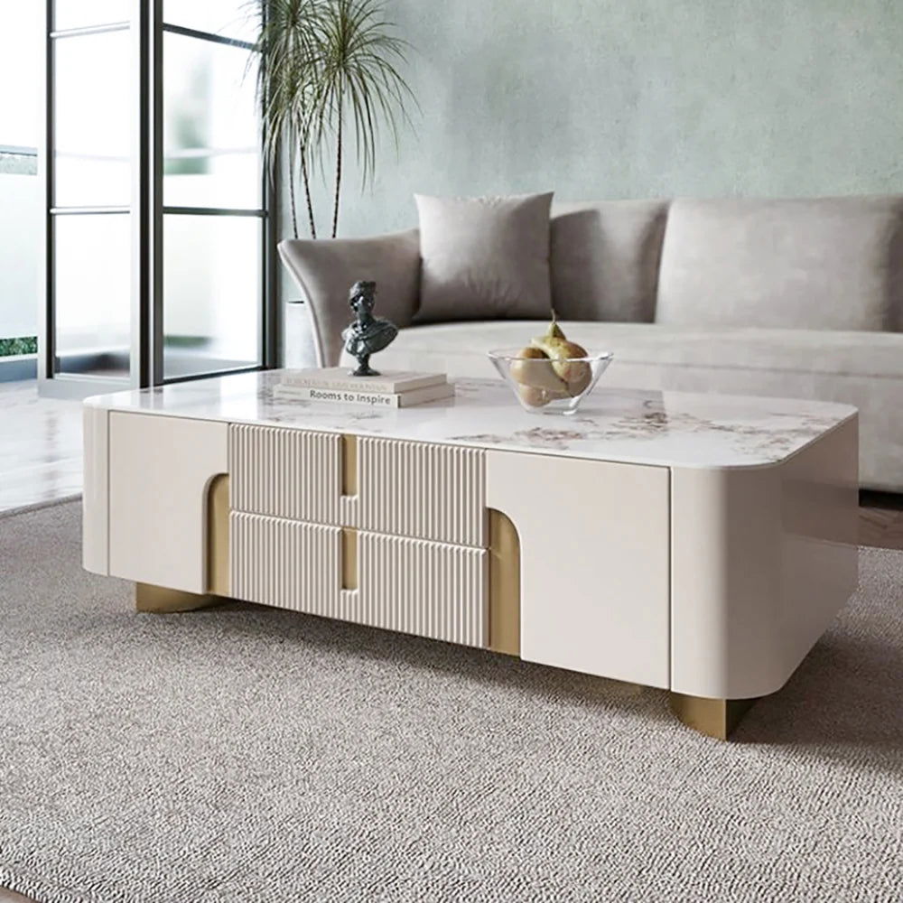 Artus Modern Beige Rectangle Large Coffee Table Drawers Sintered Stone Gold Base - 