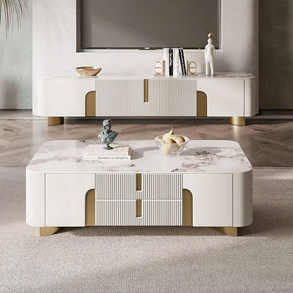 Artus Modern Beige Rectangle Large Coffee Table Drawers Sintered Stone Gold Base - 