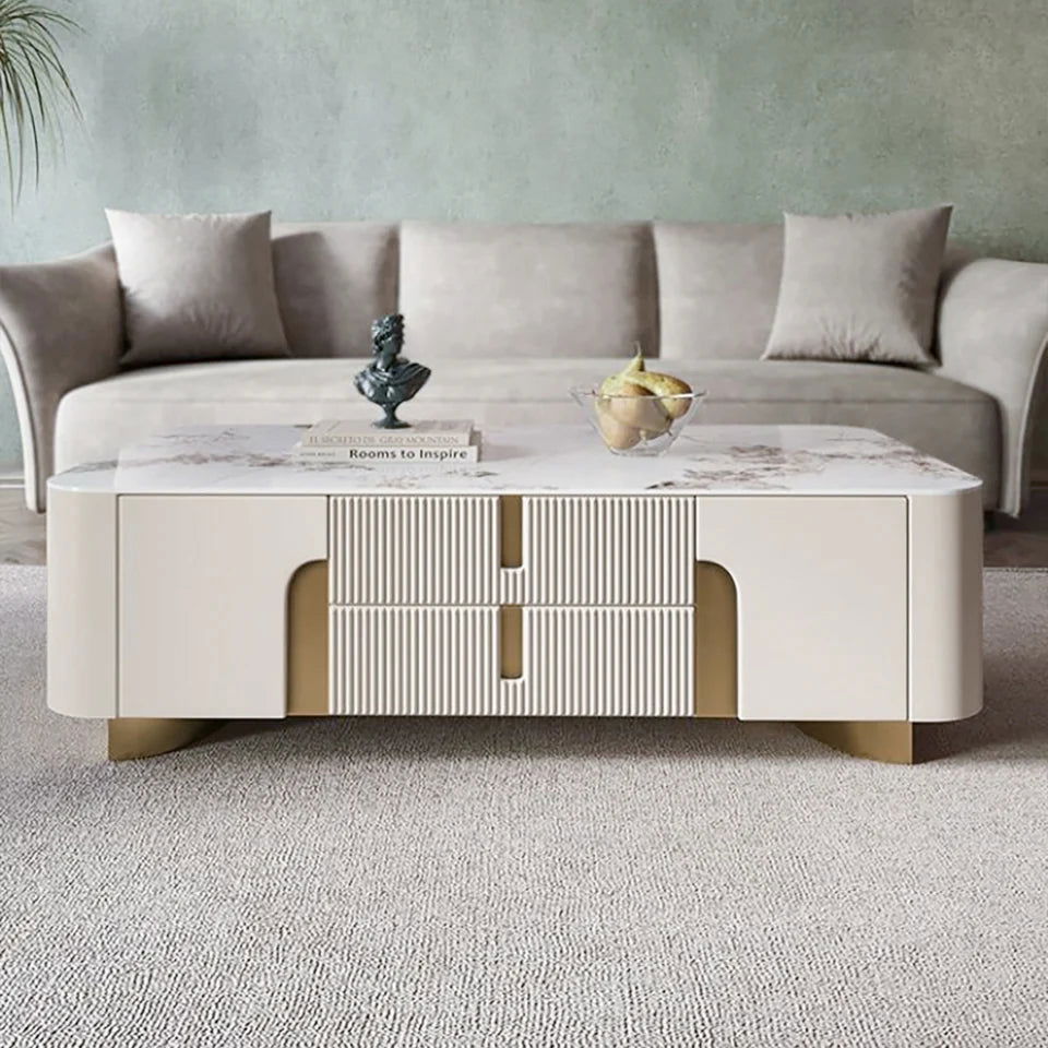 Artus Modern Beige Rectangle Large Coffee Table Drawers Sintered Stone Gold Base - 