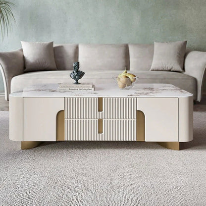 Artus Modern Beige Rectangle Large Coffee Table Drawers Sintered Stone Gold Base - 