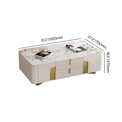 Artus Modern Beige Rectangle Large Coffee Table Drawers Sintered Stone Gold Base - 