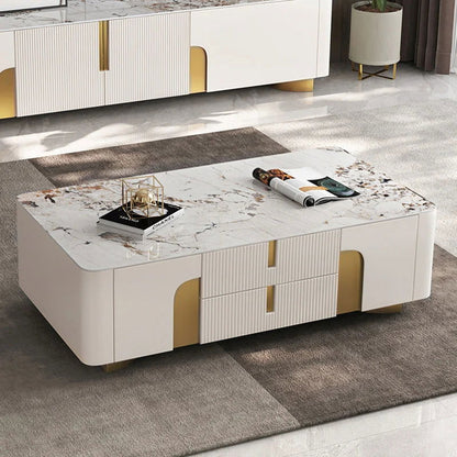 Artus Modern Beige Rectangle Large Coffee Table Drawers Sintered Stone Gold Base - 