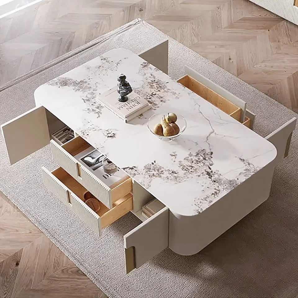 Artus Modern Beige Rectangle Large Coffee Table Drawers Sintered Stone Gold Base - 