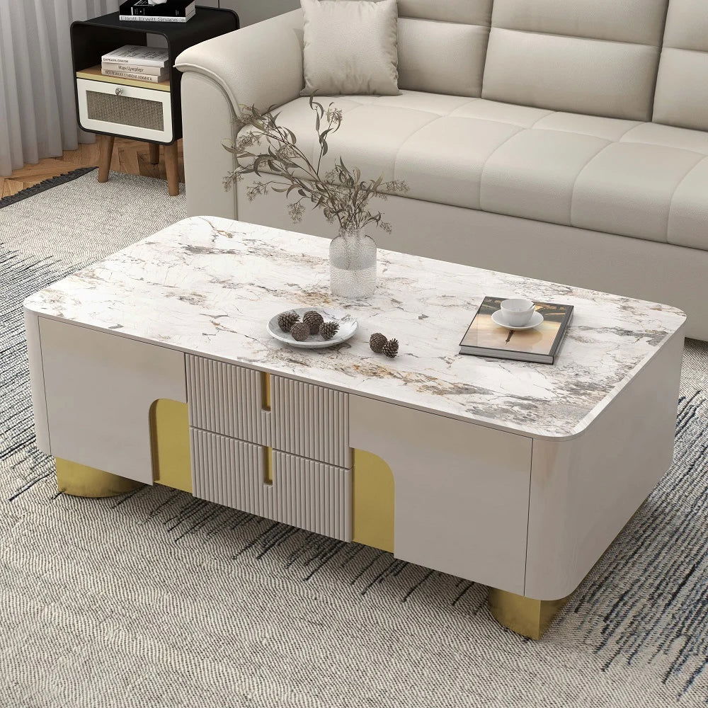 Artus Modern Beige Rectangle Large Coffee Table Drawers Sintered Stone Gold Base - Homary