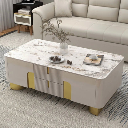 Artus Modern Beige Rectangle Large Coffee Table Drawers Sintered Stone Gold Base - Homary