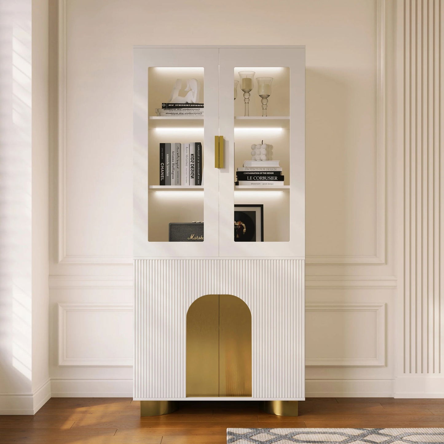 Artus Modern Off-White Storage Display Cabinet with Shelves & LED & Backboard - 