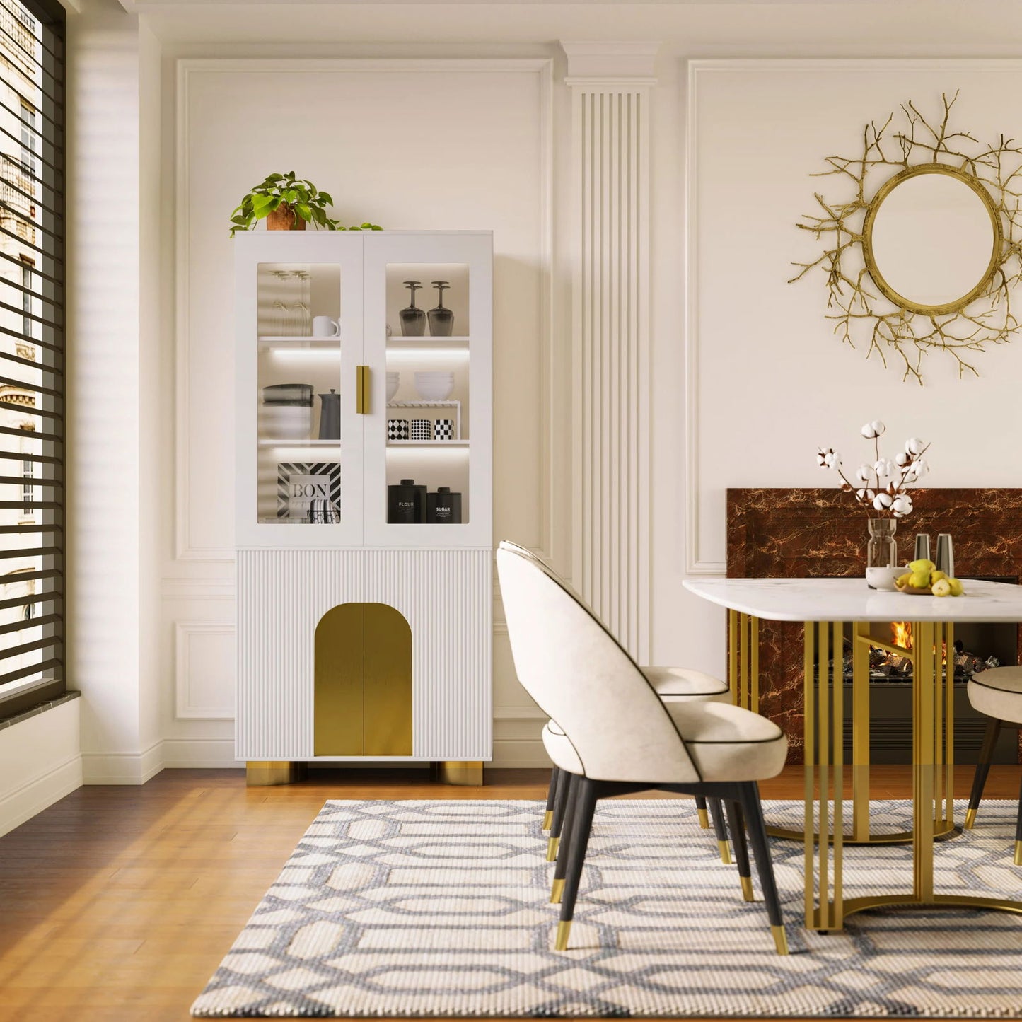 Artus Modern Off-White Storage Display Cabinet with Shelves & LED & Backboard - 