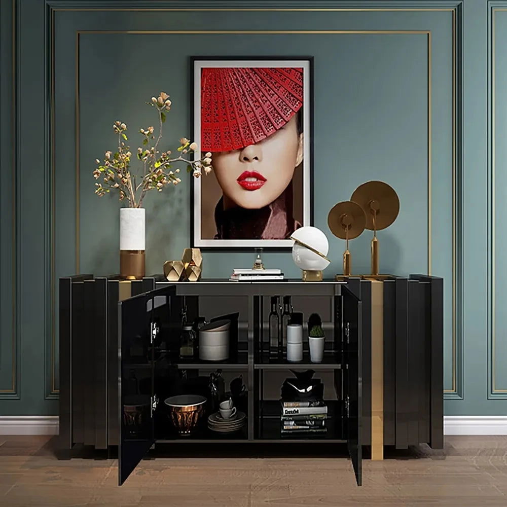 Aurea 1600mm Light Luxury Sideboard Black Rectangular Buffet 2 Doors 2 Shelves in Gold - 
