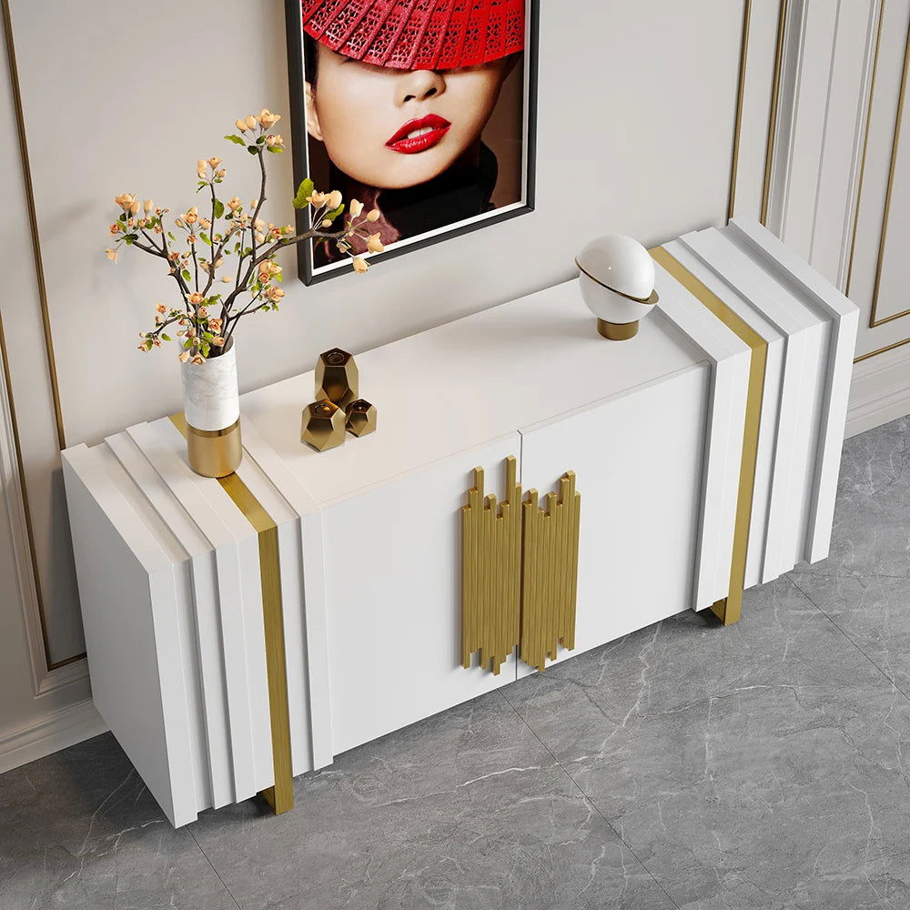 Aurea 1600mm Light Luxury Sideboard White Rectangular Buffet 2 Doors 2 Shelves in Gold - 