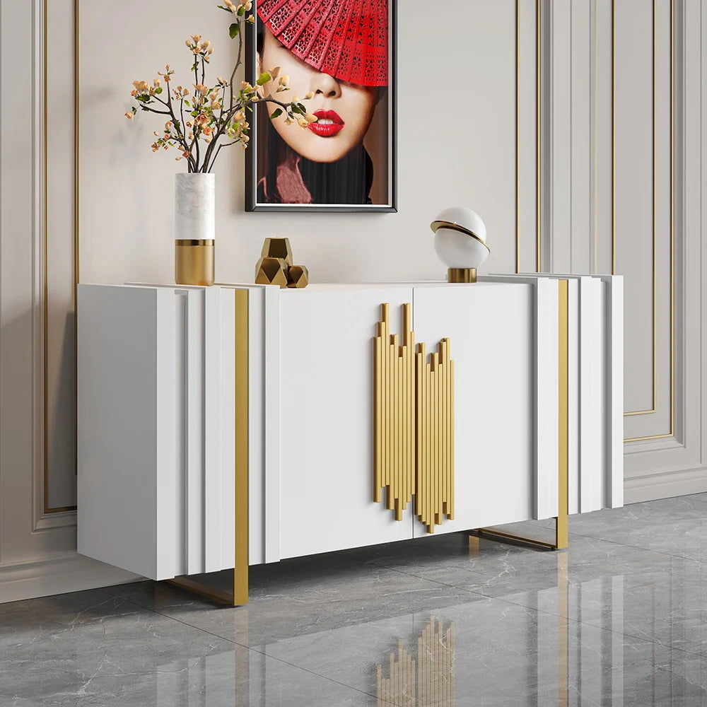 Aurea 1600mm Light Luxury Sideboard White Rectangular Buffet 2 Doors 2 Shelves in Gold - Homary