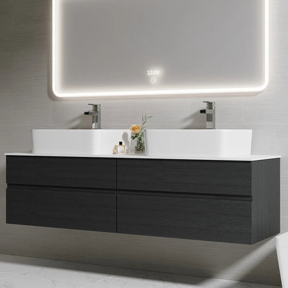 Black Floating Bathroom Vanity Set with Faux Marble Top & Ceramic Countertop Basin - 