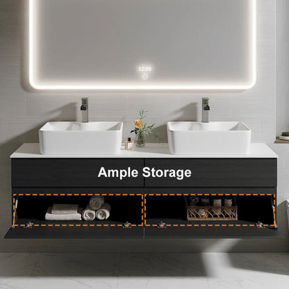 Black Floating Bathroom Vanity Set with Faux Marble Top & Ceramic Countertop Basin - 