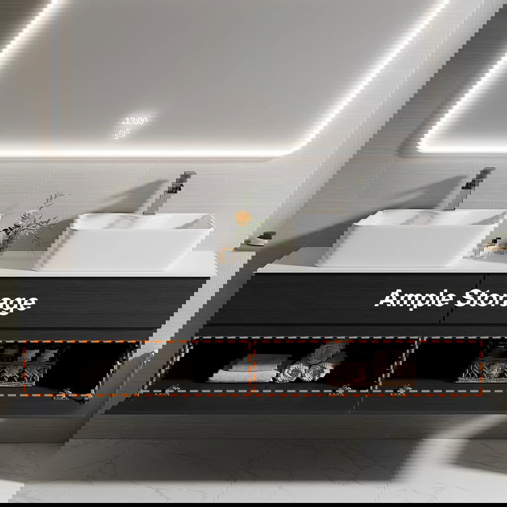 Black Floating Bathroom Vanity Set with Faux Marble Top & Ceramic Countertop Basin - 