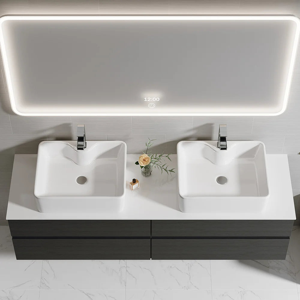 Black Floating Bathroom Vanity Set with Faux Marble Top & Ceramic Countertop Basin - 