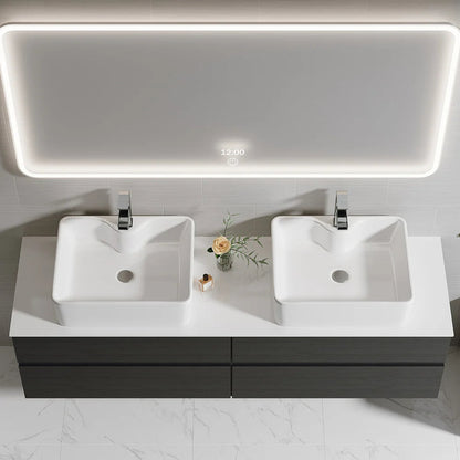 Black Floating Bathroom Vanity Set with Faux Marble Top & Ceramic Countertop Basin - 