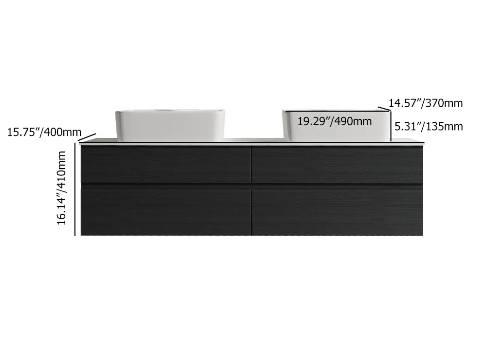 Black Floating Bathroom Vanity Set with Faux Marble Top & Ceramic Countertop Basin - 