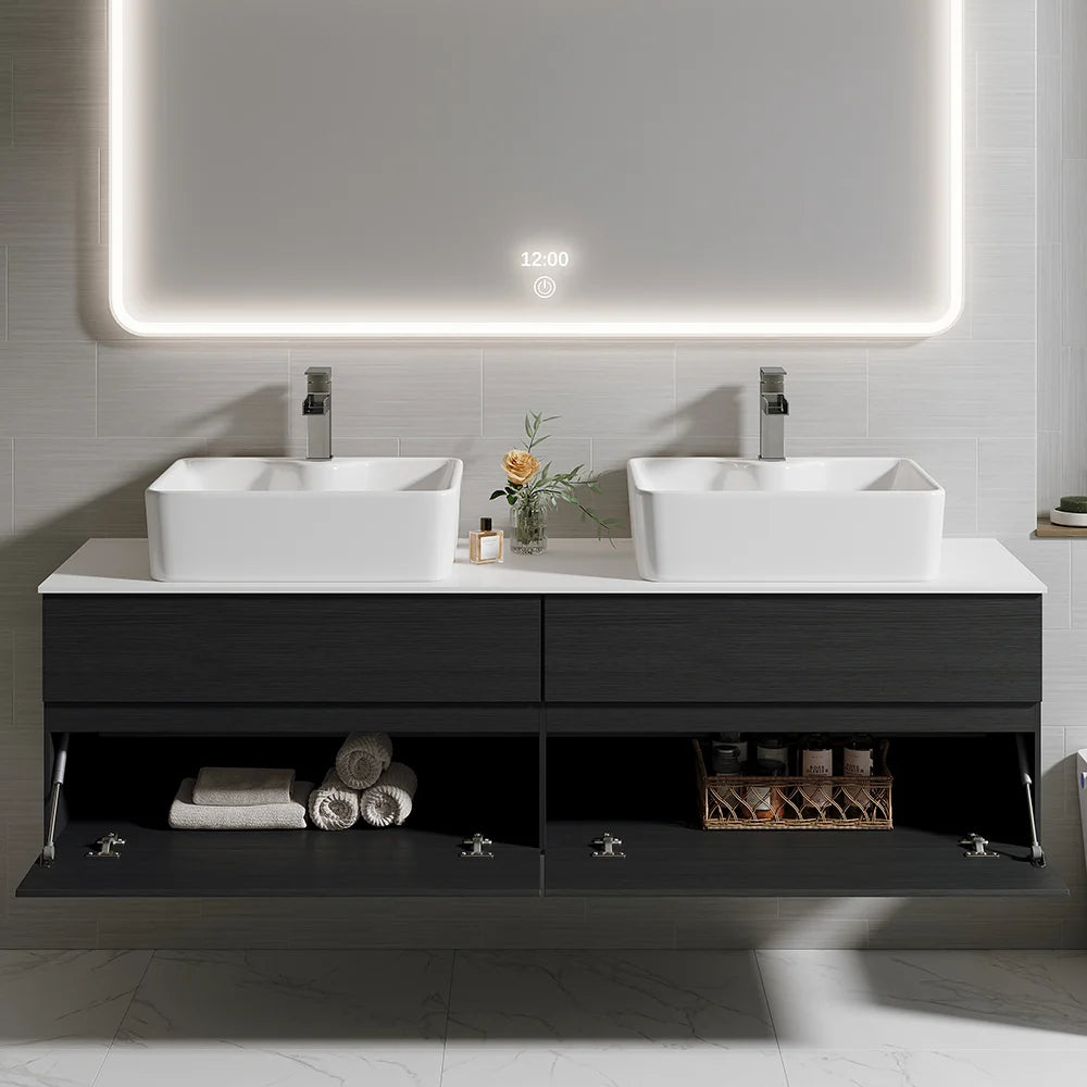 Black Floating Bathroom Vanity Set with Faux Marble Top & Ceramic Countertop Basin - 