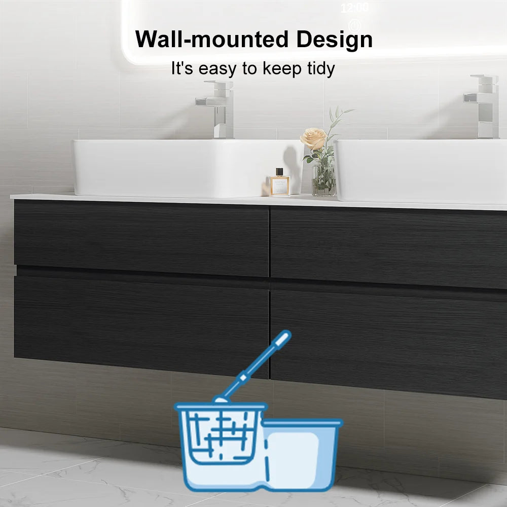 Black Floating Bathroom Vanity Set with Faux Marble Top & Ceramic Countertop Basin - 