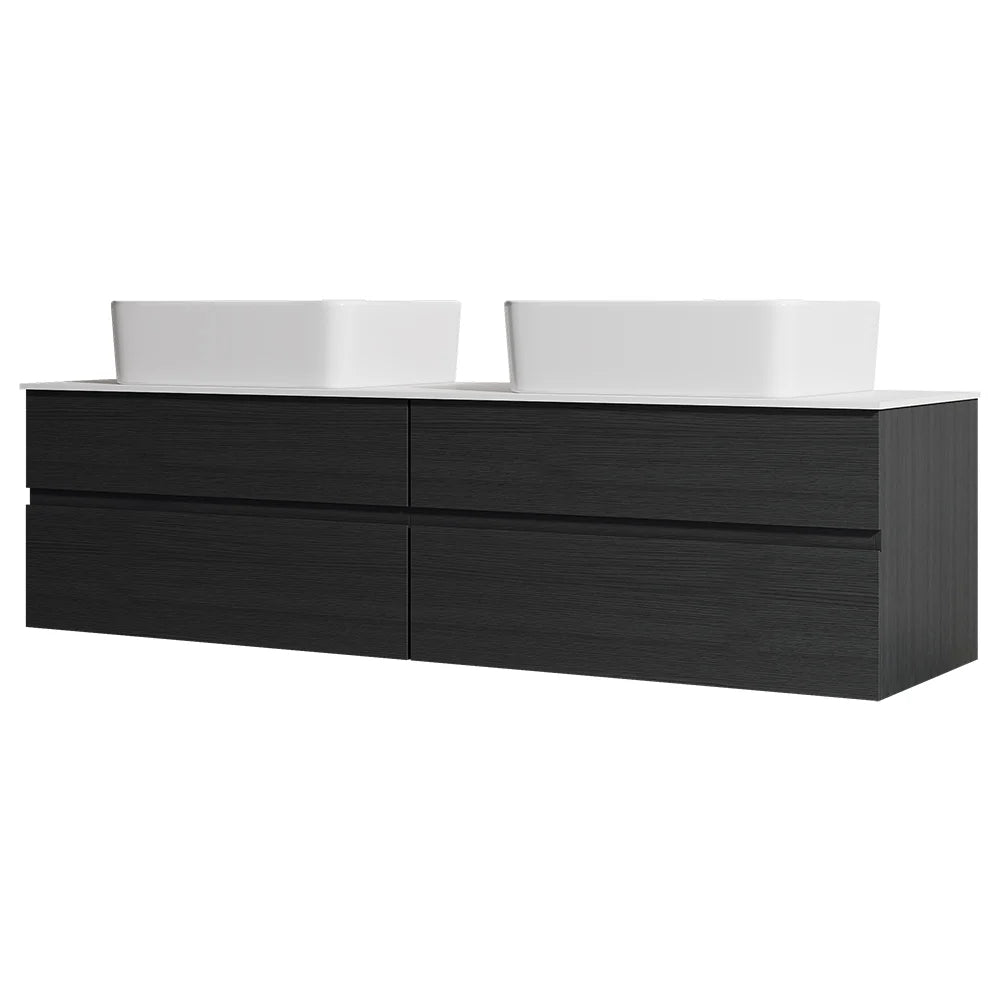 Black Floating Bathroom Vanity Set with Faux Marble Top & Ceramic Countertop Basin - 