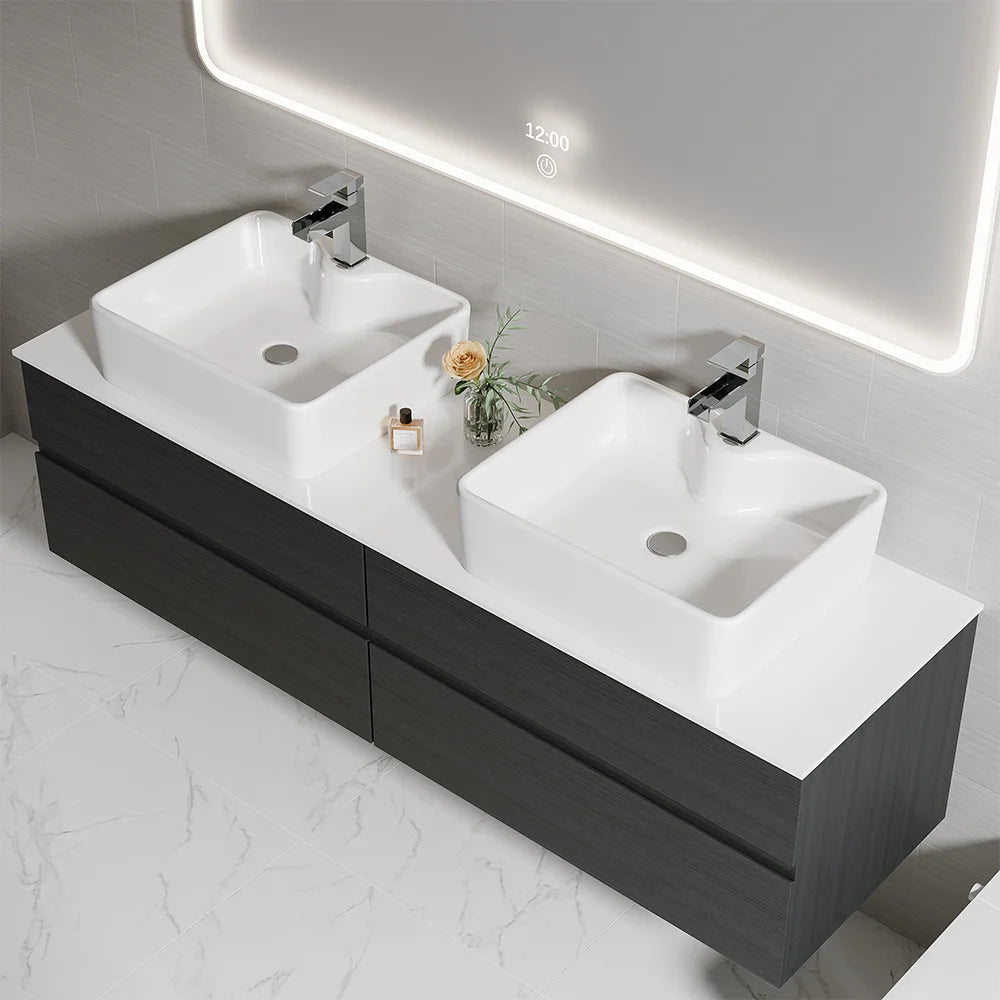 Black Floating Bathroom Vanity Set with Faux Marble Top & Ceramic Countertop Basin - 