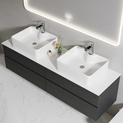 Black Floating Bathroom Vanity Set with Faux Marble Top & Ceramic Countertop Basin - 