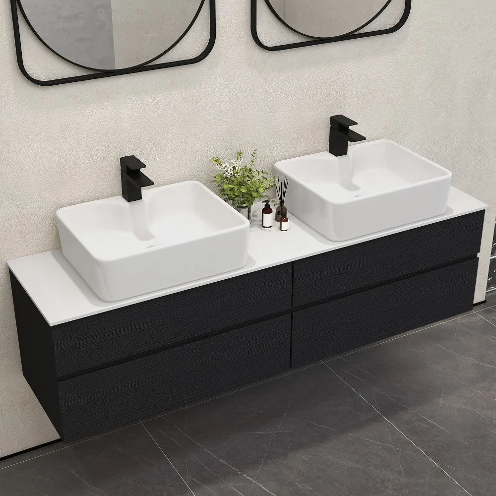 Black Floating Bathroom Vanity Set with Faux Marble Top & Ceramic Countertop Basin - Homary