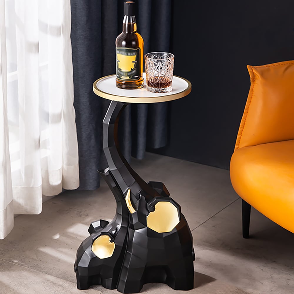 Black & Gold End Table with Tray Top Decor Elephant Shape Side Table - 