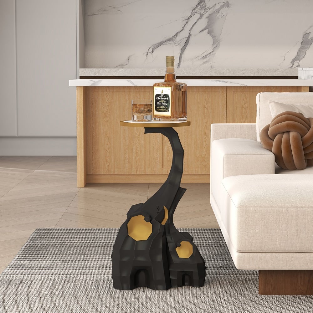 Black & Gold End Table with Tray Top Decor Elephant Shape Side Table - 