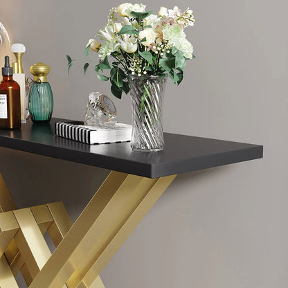 Black & Gold Narrow Console Table Accent Table For Hallway X Base Metal in Small - 