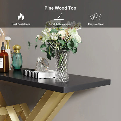 Black & Gold Narrow Console Table Accent Table For Hallway X Base Metal in Small - 