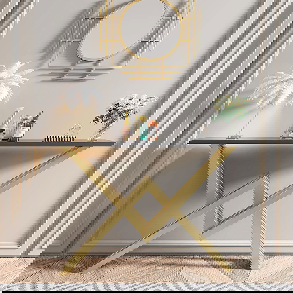 Black & Gold Narrow Console Table Accent Table For Hallway X Base Metal in Small - Homary