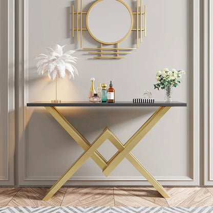 Black & Gold Narrow Console Table Accent Table For Hallway X Base Metal in Small - Homary