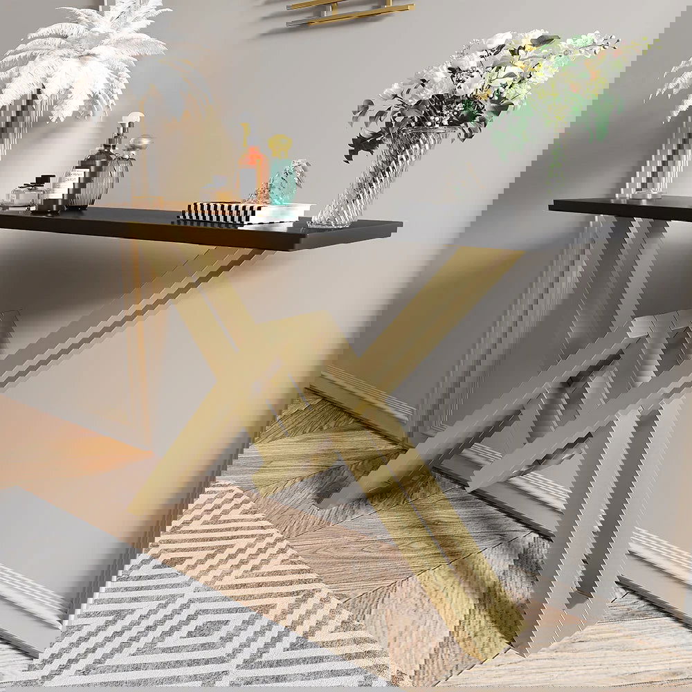 Black & Gold Narrow Console Table Accent Table For Hallway X Base Metal in Small - Homary