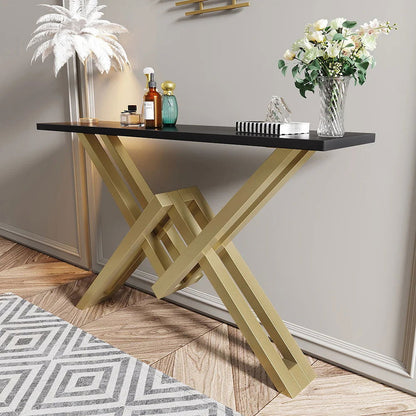 Black & Gold Narrow Console Table Accent Table For Hallway X Base Metal in Small - Homary