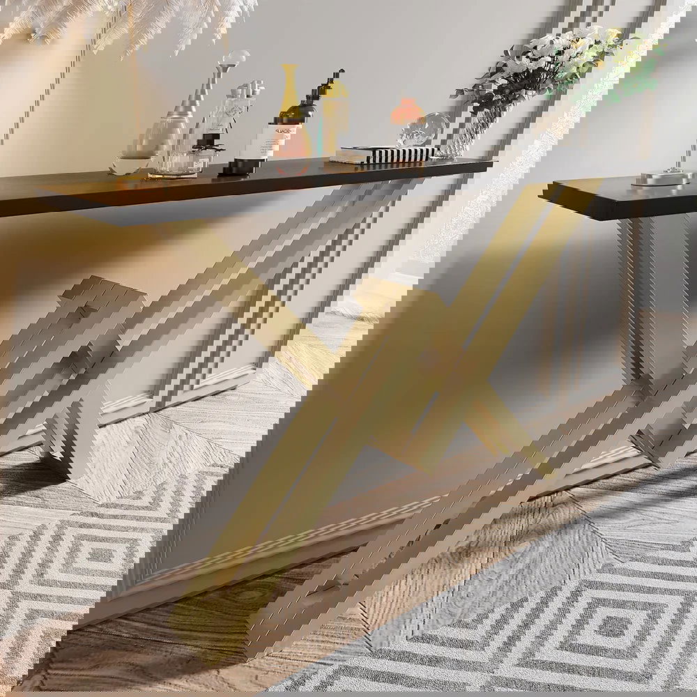 Black & Gold Narrow Console Table Accent Table For Hallway X Base Metal in Small - Homary